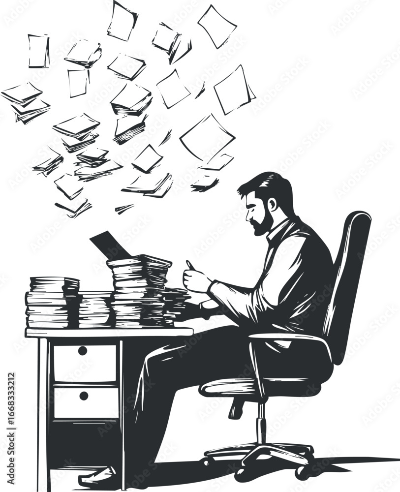 Poster man sitting at desk surrounded by stacks of papers and flying documents working intently in office