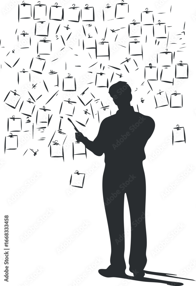 Poster silhouette of a man surrounded by multiple clipboards representing choices and decision making
