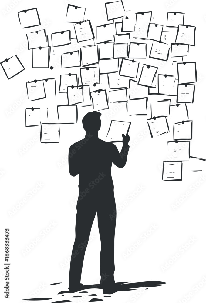 Poster silhouette of a man organizing and pointing at multiple sticky notes and papers on a wall symbolizin