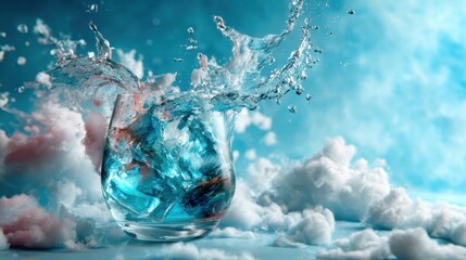 A dynamic splash of water in a glass, surrounded by cloud-like effects, creating a visually stunning representation of fluidity and energy, perfect for artistic themes.
