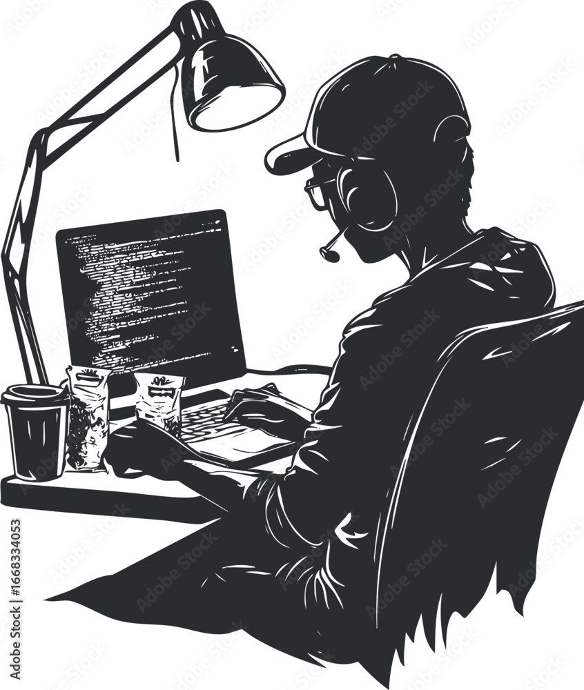 Poster black and white illustration of a man coding on a laptop with headset at a desk lamp workspace