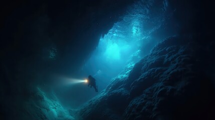 Fototapeta premium Beneath the Surface: A Diver Illuminates a Flooded Cavern with a Flashlight, Exploring the Mysterious Depths of a Submerged Cave Environment
