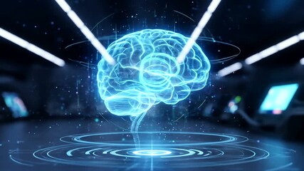 Futuristic digital brain visualization in a high-tech laboratory with glowing data streams - Powered by Adobe