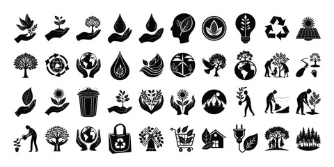 Collection of Black and White Ecology and Environmental Protection Icons