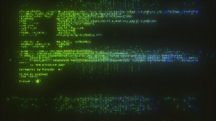 4K Glitchy terminal code display with green text and pixel noise in retro cyberpunk style, distorted programming code on digital screen with matrix-like green and blue glitch artifacts - Powered by Adobe