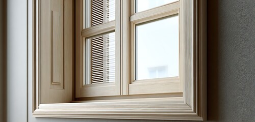 elegant pine window with folding shutter, wood inlays, sound insulation showing meticulous joinery.