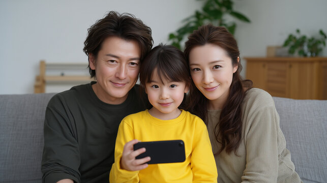 A happy family enjoying a video call on a smartphone at home, family connection, digital communication, home warmth, video chat, joyful moment - Powered by Adobe