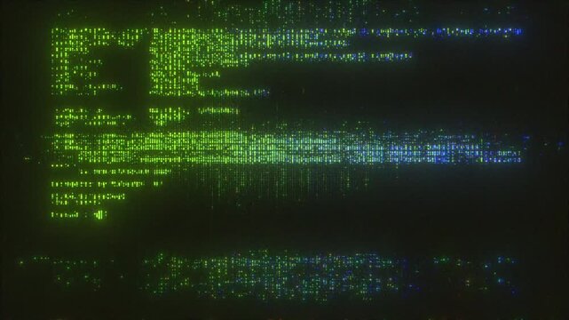 4K Glitchy terminal code display with green text and pixel noise in retro cyberpunk style, distorted programming code on digital screen with matrix-like green and blue glitch artifacts