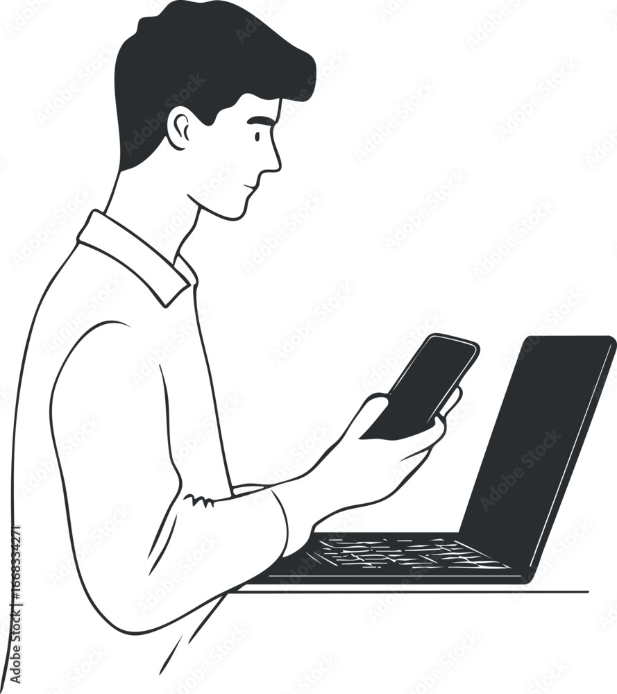 Poster side view of a young man using a smartphone while working on a laptop in a business setting