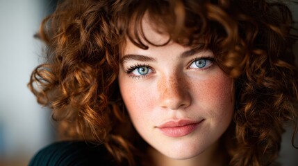 A close-up portrait of a thoughtful young woman with curly hair, capturing her expressive blue eyes and freckles, evoking emotions of contemplation and beauty.