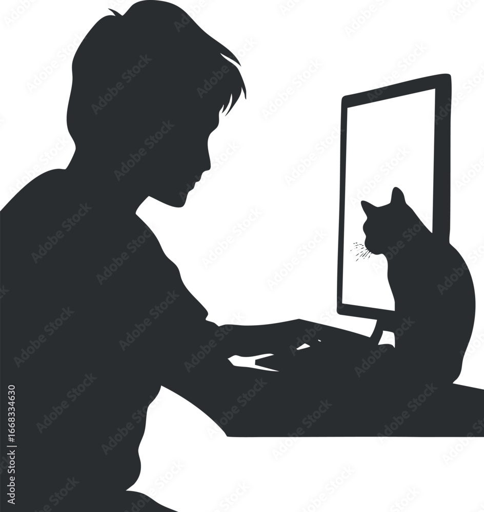 Poster silhouette of a person sitting at a desk working on a computer with a cat sitting beside the monitor