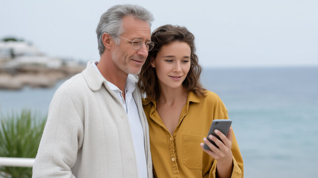 A senior man and young woman using a smartphone by the sea, digital collaboration, intergenerational bonding, seaside moment, technology use, coastal discussion