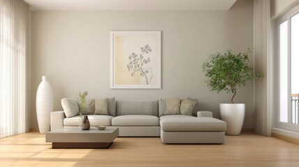 A modern living room with a comfortable sofa and a beautiful plant creates a cozy atmosphere.