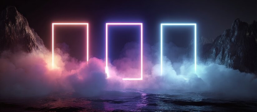 Neon rectangles frame a mystical landscape of misty mountains and water - Powered by Adobe