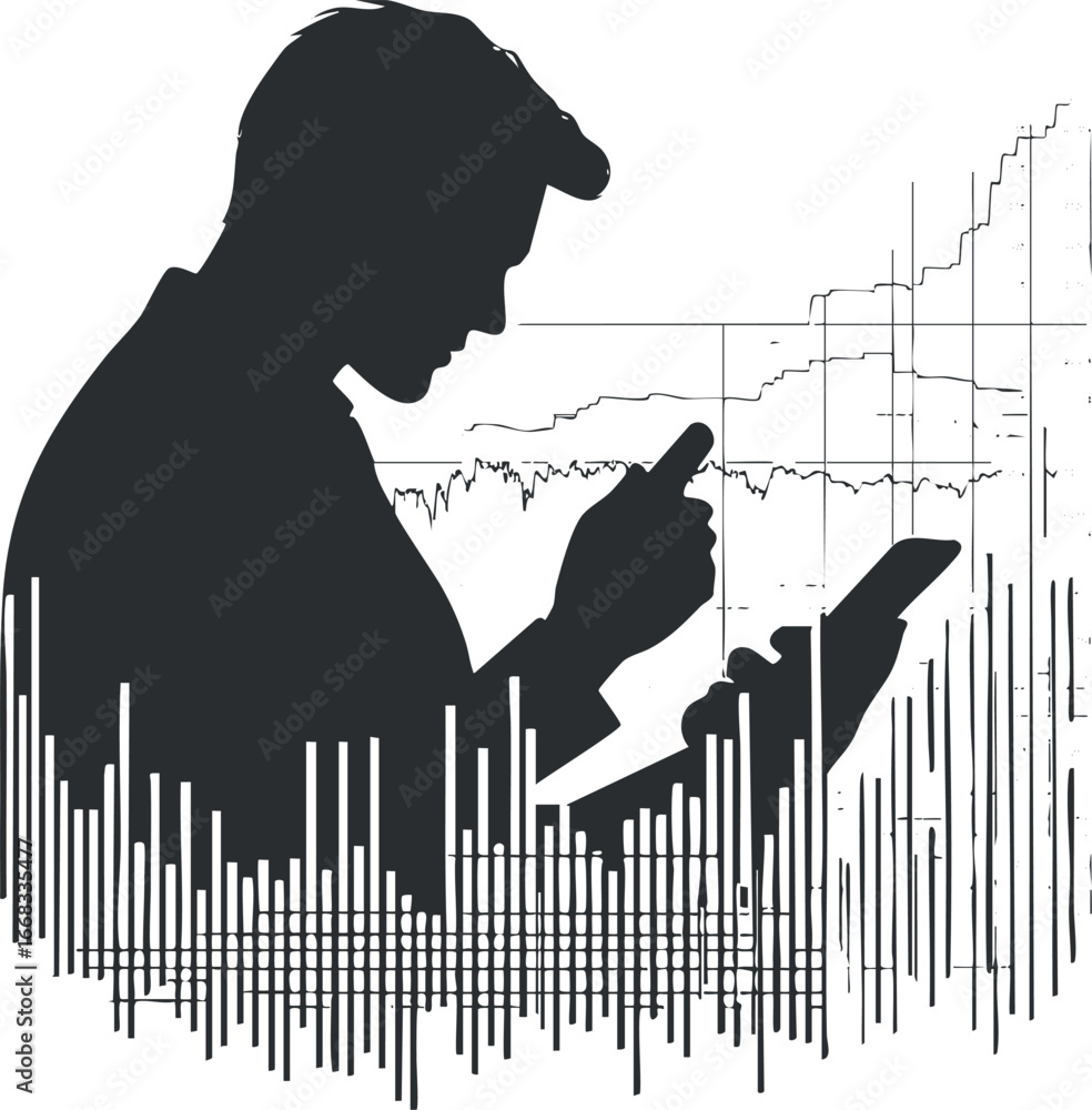 Poster silhouette of a man using smartphone and tablet with digital data charts and graphs overlay
