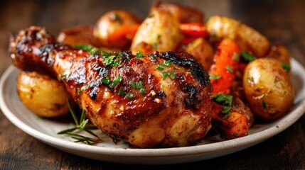 This appetizing image showcases a beautifully roasted chicken leg served with caramelized vegetables and potatoes, exuding warmth and inviting home-style cooking.