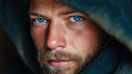Obraz premium This powerful close-up captures a bearded man with striking blue eyes gazing intensely at the viewer, evoking emotions of strength and deep contemplation.