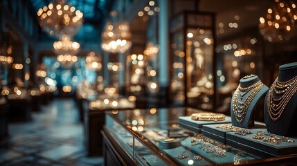 Soft-focus, blurred background of a brightly lit, high-end jewelry store interior. Glittering display cases and warm lights create a beautiful bokeh.