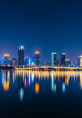 Naklejka premium Captivating city lights illuminate the still waters of the cityscape at nighttime
