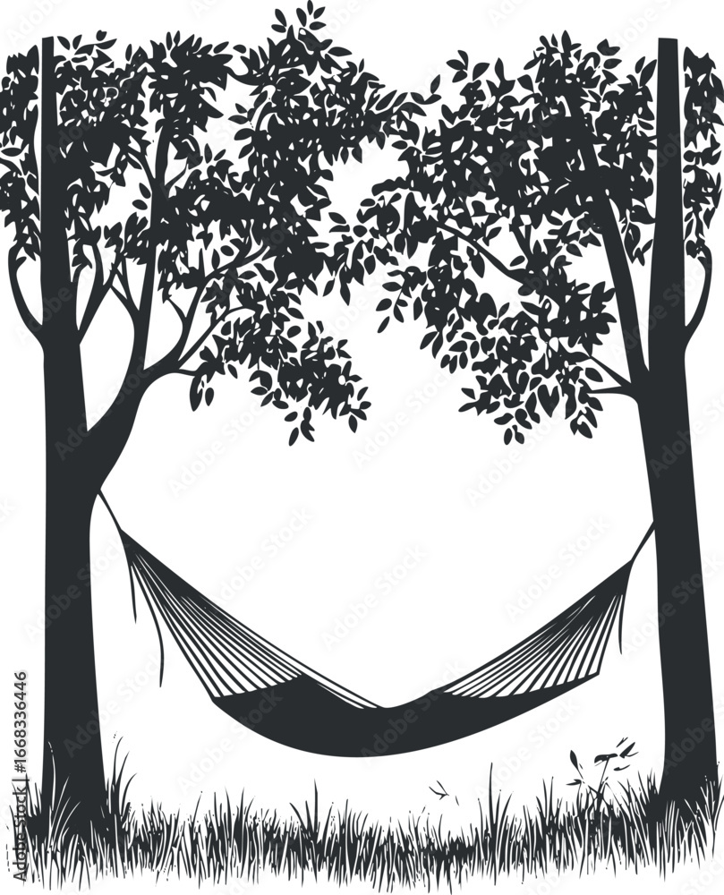 Poster silhouette of a hammock hanging between two leafy trees with grass below in an outdoor natural setti