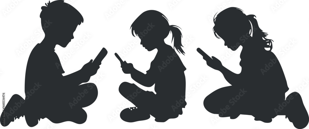 Poster silhouettes of three children sitting and using smartphones, illustrating modern digital interaction