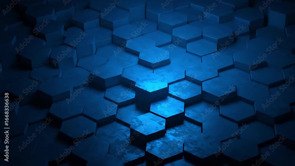 Poster a field of raised blue hexagonal tiles lit from the center creates an abstract textured pattern