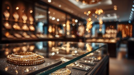 Soft-focus, blurred background of a brightly lit, high-end jewelry store interior. Glittering display cases and warm lights create a beautiful bokeh.