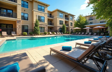 Luxury apartment complex features resort-style swimming pool with turquoise water, comfortable lounge chairs. Beautiful landscaping with trees, shrubs, flowers surrounds tranquil patio area. Modern,