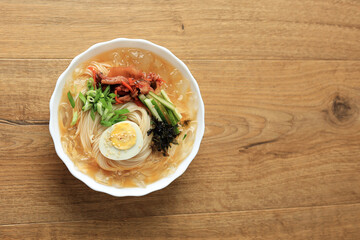 Top View Mul Naengmyeon, Korean Cold Noodle Dish for Summer.