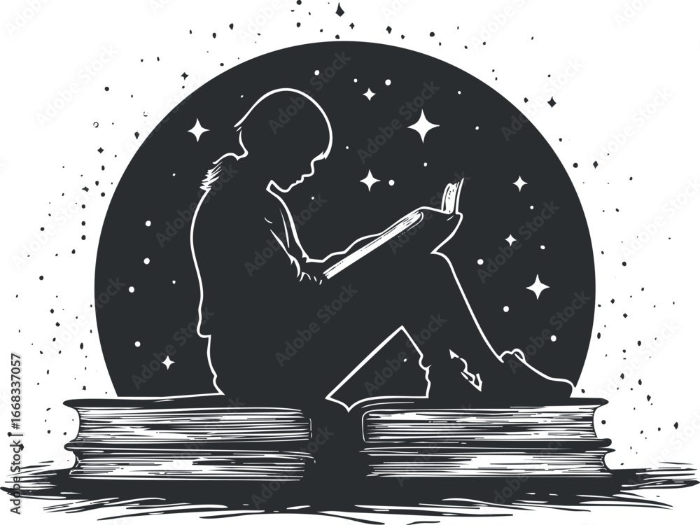 Poster silhouette of a child reading a book while sitting on large books with stars in the background