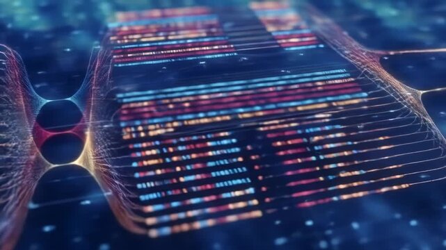 Abstract representation of DNA strands with vibrant colored data sequences - Powered by Adobe