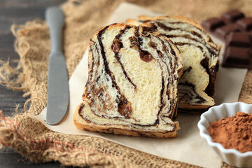 Slices of Homemade Chocolate Babka on Wooden Table
