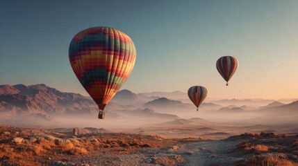 Naklejka premium Hot air balloons floating serenely over a misty desert landscape at dawn