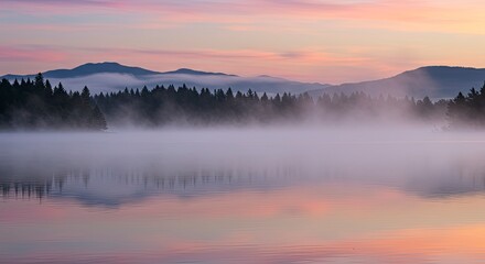 Fototapeta premium Serene Misty Lake Sunrise: Tranquil Forest Silhouette, Pastel Sky Reflections.