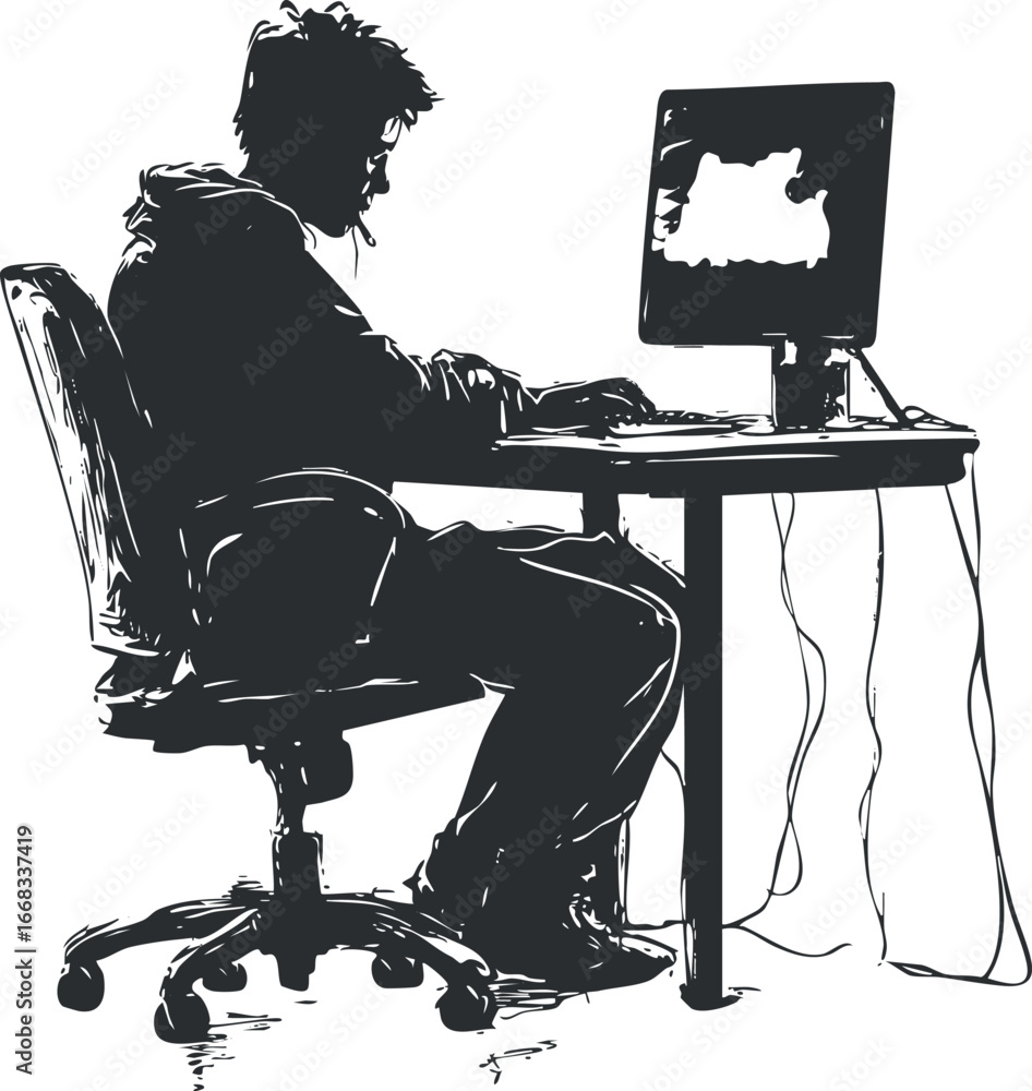 Poster silhouette of a man sitting at a desk working on a computer with a monitor and keyboard
