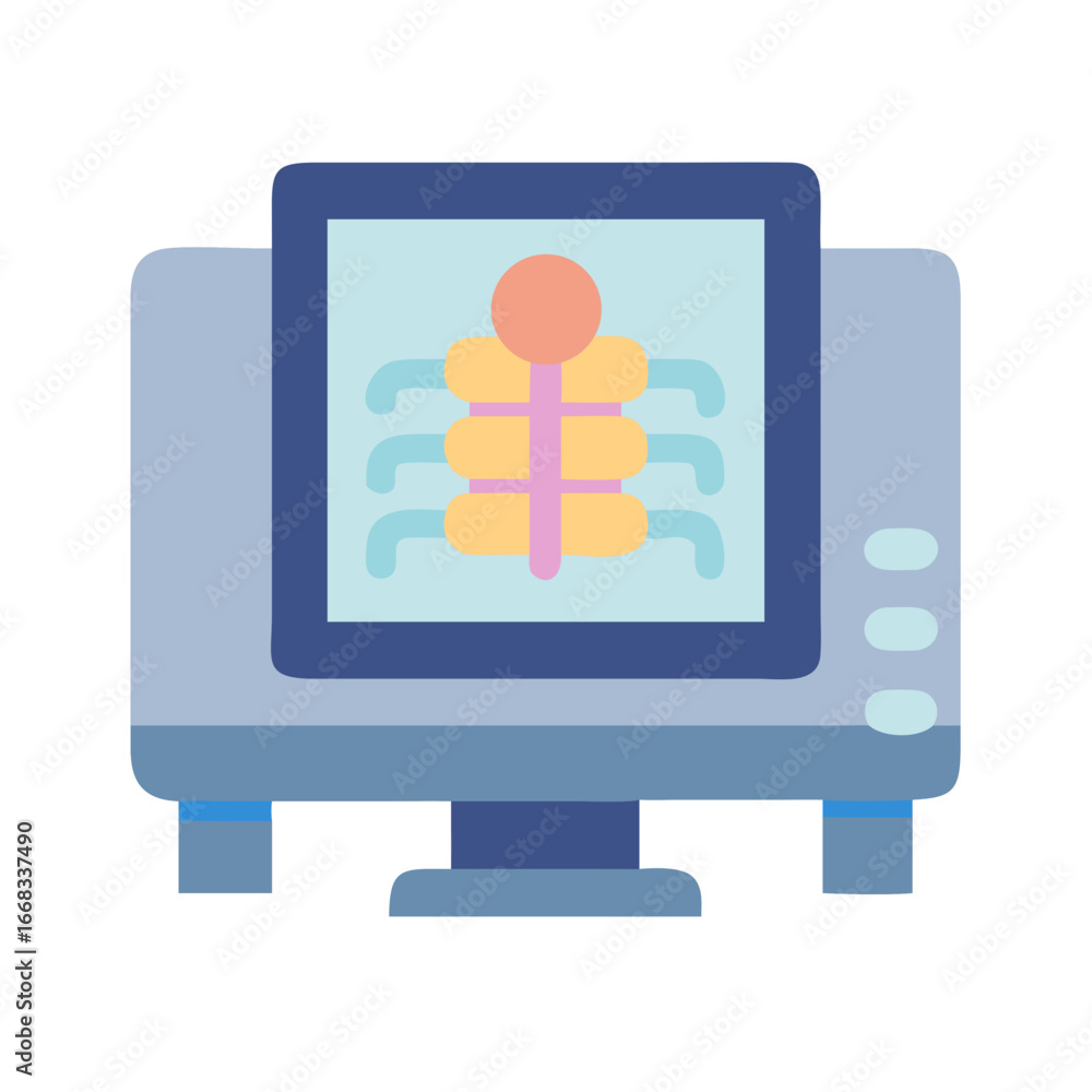 Poster stylized computer monitor displaying spine x-ray with a flat design