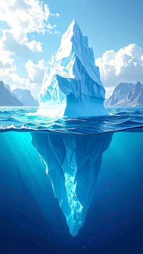 A magnificent iceberg, its peak piercing the surface of a serene body of water, showcasing a dramatic view from above and below the surface.