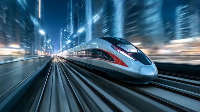 High-speed train speeding through modern city at night, dynamic motion blur, futuristic transportation concept.