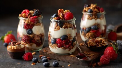 A layered parfait featuring granola, yogurt, and fresh berries served in glass jars.