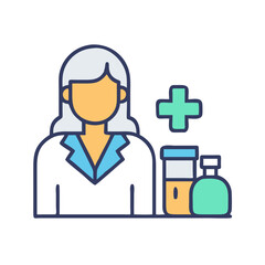 Medical professional with treatment and plus sign icon flat