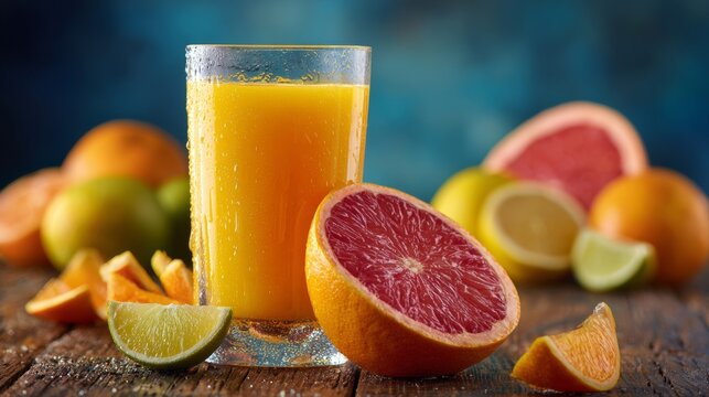 Delicious orange juice served with a variety of fresh, colorful citrus fruits.