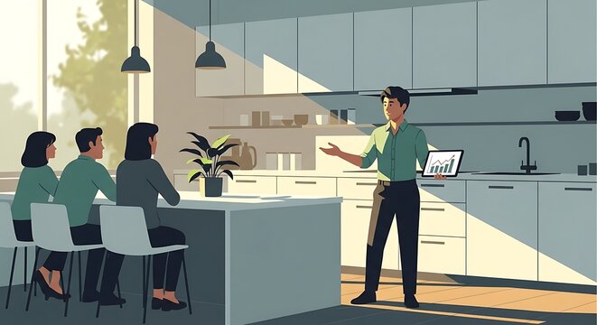Informal business meeting in a modern kitchen setting with data presentation showing insights