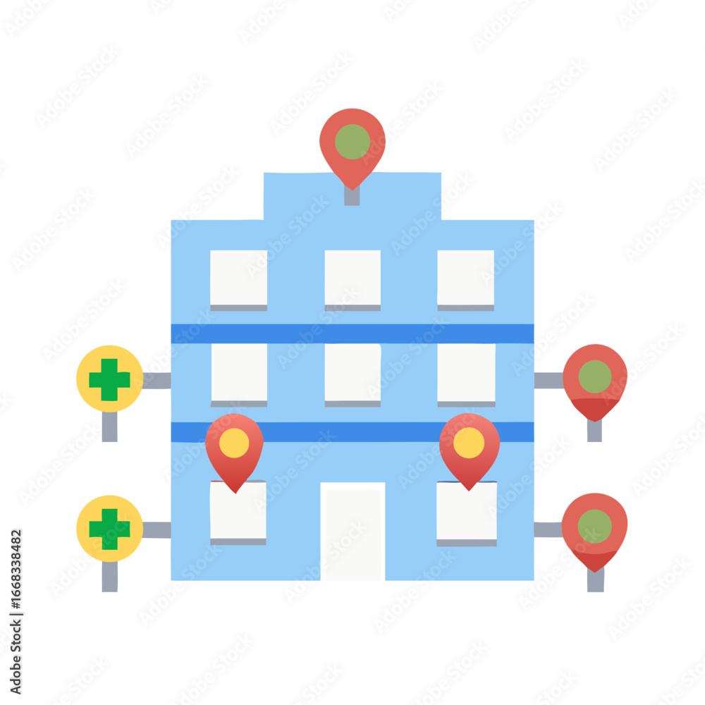 Poster hospital location icon with pointers in front view format