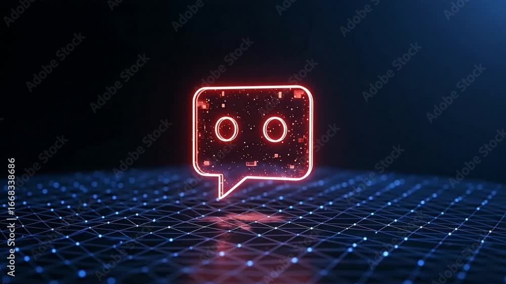 Poster a glowing red speech bubble with two circles inside set on a blue networked plane against a dark bac