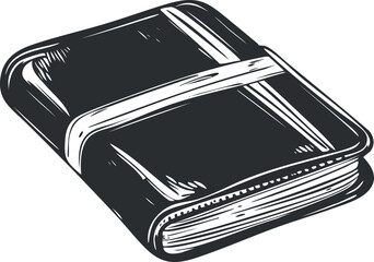 Black and white illustration of a closed leather-bound notebook with a strap wrapped around it.