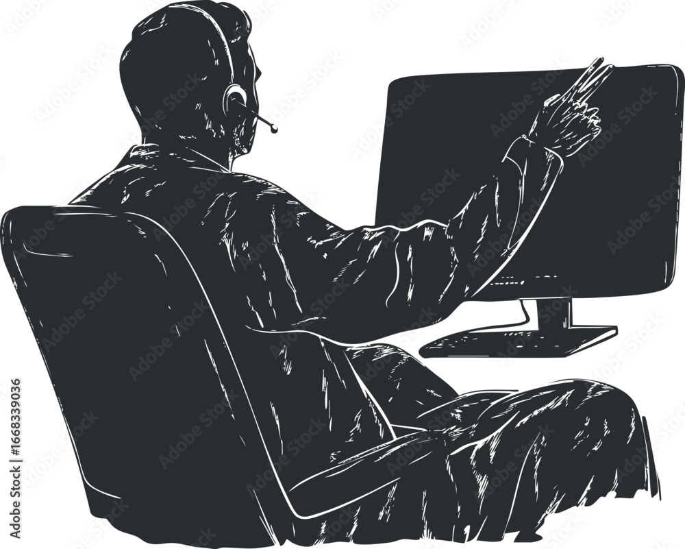 Poster silhouette of a customer service representative wearing a headset working at a computer in an office