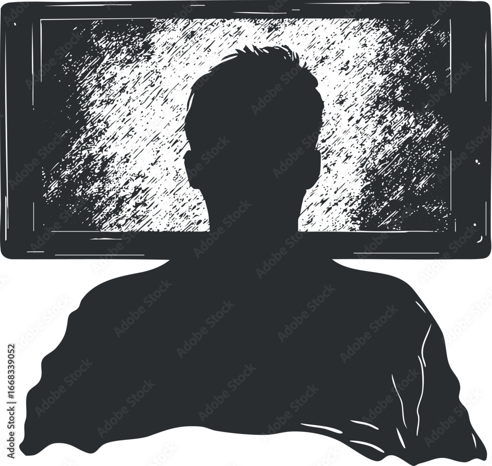 Poster silhouette of a person sitting and watching a large screen or monitor with a textured background