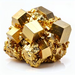 Cluster of pyrite crystals showcasing geometric shapes and textures on white background