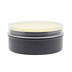 Cosmetic balm in black tin with a clear lid