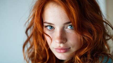 A captivating close-up portrait of a woman with fiery red hair and striking blue eyes, radiating confidence and individuality while embodying natural beauty.